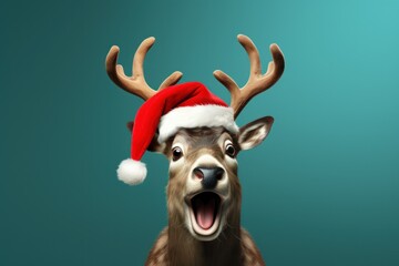 Funny surprised reindeer with santa hat studio shot isolated bright color background - obrazy, fototapety, plakaty