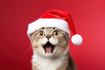 Naklejka premium Funny surprised cat with santa hat studio shot isolated bright color background