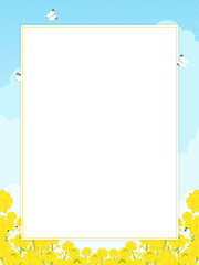 菜の花畑にモンシロチョウが飛ぶ風景のフレーム・背景素材（縦向き）