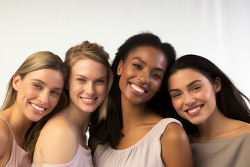 Obraz premium Diverse women with radiant complexions on a studio background, embodying wellness, empowerment, and makeup. Generative AI.
