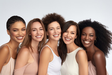 Diverse women with radiant complexions on a studio background, embodying wellness, empowerment, and makeup. Generative AI.