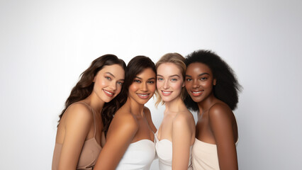 Diverse women with radiant complexions on a studio background, embodying wellness, empowerment, and makeup. Generative AI.