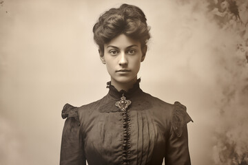 Obraz premium Old black and white studio portrait photograph from the Victorian era of a young woman