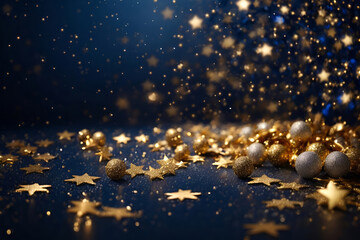 Blue elegant New year and Christmas background with gold stars and sparkling glitter banner with...