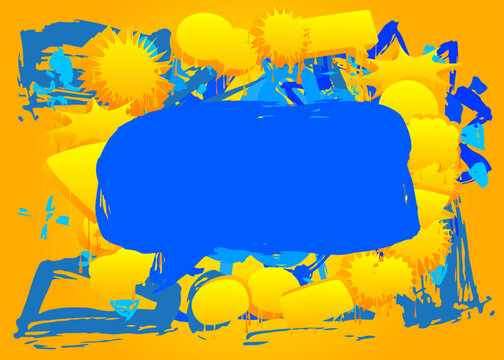 Blue Graffiti speech bubble on yellow background. Abstract modern Messaging sign street art decoration, Discussion icon performed in urban painting style.