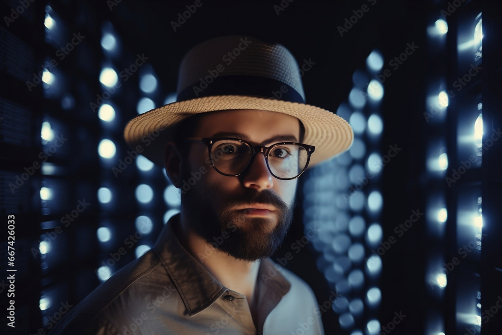 Poster it specialist with hat and glasses inside data center generative ai