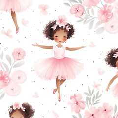 Seamless Elegance, A Delightful Pattern of Cute Little Girls Ballerinas in Pink Dresses with Flowers on a White Background - Perfect for Children, Art Project, Background
