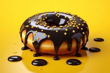 black glazed donut on yellow background. Generative AI - obrazy, fototapety, plakaty