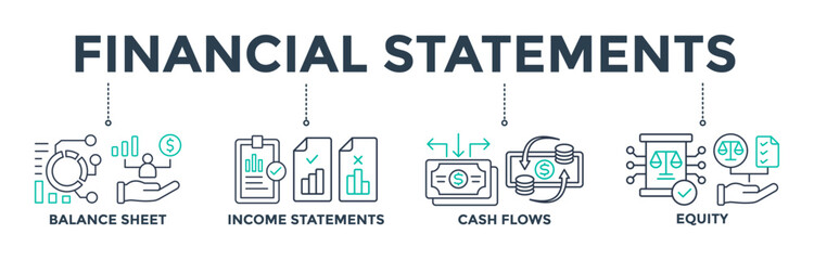 Financial statements banner web icon vector illustration concept with the icon of graph, balance sheet, pie chart, income statements, money, income, earnings, cash flow, equity, and balance