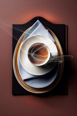 Cup of coffee smoking, top view, in a fantasy setting. Generative AI_10.