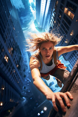 vertical action shot of young woman urban climber climbing skyscraper in city at night