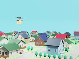 町の上で荷物を運ぶドローン