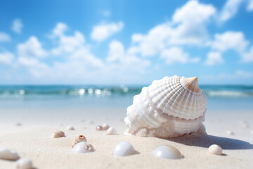 The close up detail of white seashells in the sand at the beautiful beach on a sunny day. AI generated.