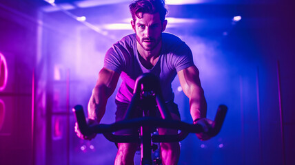 Fit man doing a cycling workout at a neon lit gym