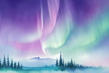 Northern lights watercolor background, Watercolor illustration