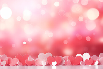 pink white and red wide background with bokeh lights and heart shape glitter on valentines with copy space. Abstract background holiday