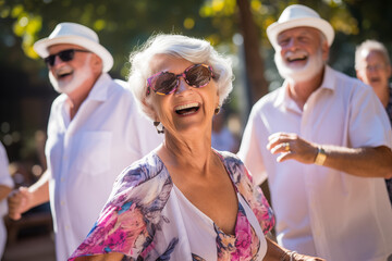 Candid capture of a joyful group of seniors showing vitality while dancing, highlights companionship and active lifestyle in retirement, reflecting the spirit of elderly - Powered by Adobe