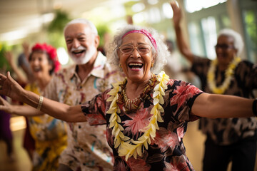 Candid capture of a joyful diverse group of seniors showing vitality while dancing, highlights...