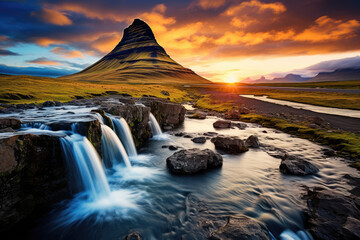 Kirkjufell mountain and Kirkjufellsfoss waterfall in eastern Iceland