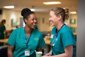 candid shot of two nurses laughing and talking in hospital - obrazy, fototapety, plakaty
