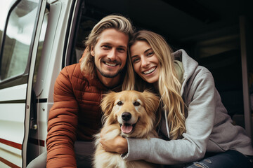 road trip smiling couple with dog