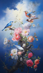 Serene Harmony: Bluebirds Amidst Vibrant Blooms