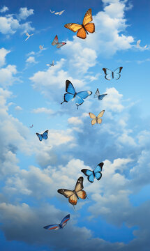 Aerial Ballet: Butterflies Dancing in the Sky,Butterflies fly in the blue sky with white clouds.