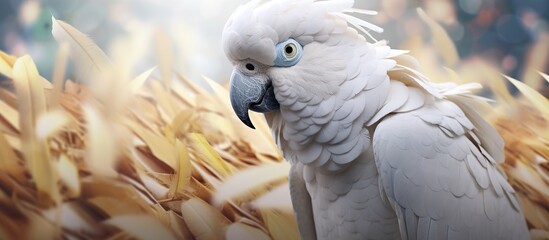 Portrait of white parrot on bokeh light background