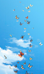 Fototapeta na wymiar Aerial Ballet: Butterflies Dancing in the Sky,Butterflies fly in the blue sky with white clouds.