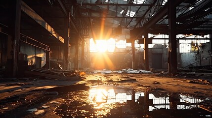 An abandoned spooky interior warehouse damaged by flooding in the morning with sunlight coming in.
