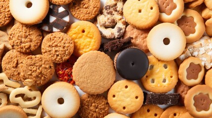 Obraz premium Image of full frame of freshly baked various cookies, close up group of snack.