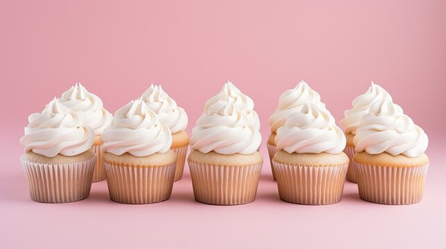 White frosting cupcakes in a row isolated on soft pink background.