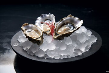 Freshly shucked oyster plated on ice. Generative AI