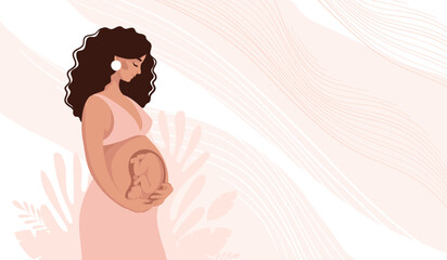 Beautiful pregnant black woman hugging her belly with fetus in uterus, pregnancy and motherhood concept, vector illustration for doula, obstetrician, doctor.  flat cartoon design.