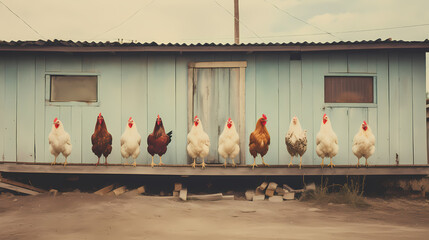 A group of chickens standing in a row in front of the wooden house background wallpaper poster PPT