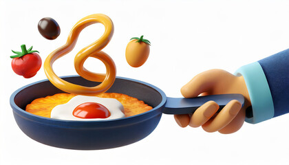 3d render, funny cartoon character flexible hand cooking breakfast in a pan, clip art isolated on white background. Social media metaphor, recommendation concept