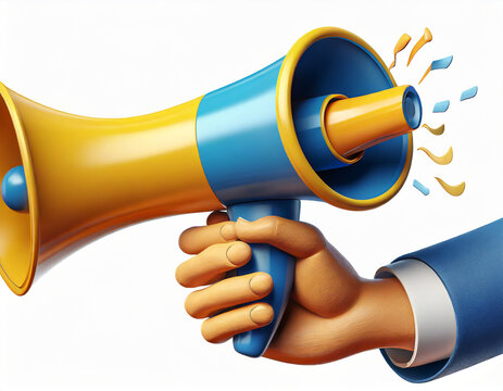 3d render, funny cartoon flexible hand with megaphone, clip art isolated on white background. Breaking news metaphor, disclosure of information concept