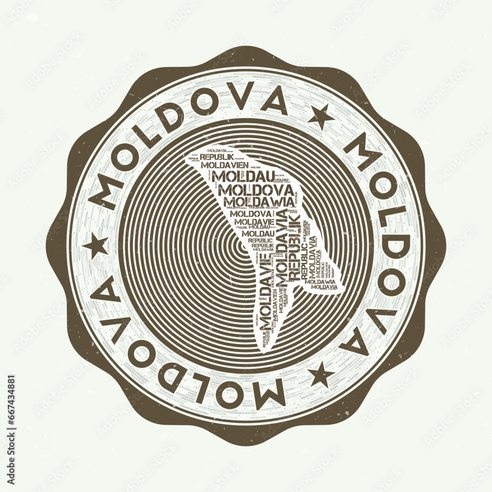 Poster moldova seal. country round logo with shape of moldova and country name in multiple languages word c