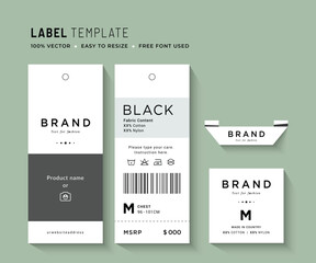 Hang Tag and apparel care label packaging fashion design, clothing product paper print template. - obrazy, fototapety, plakaty