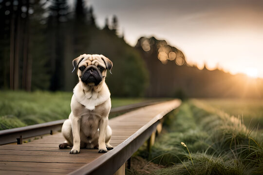 A small pug dog in a pine autumn forest on a walk. mops.