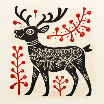 1950s folk style reindeer, vintage lino print