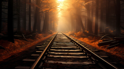 Naklejka premium Railway track background wallpaper poster PPT in the forest