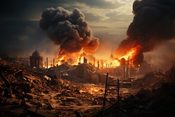 Obraz premium rockets, bombed buildings conflict War fire and destruction