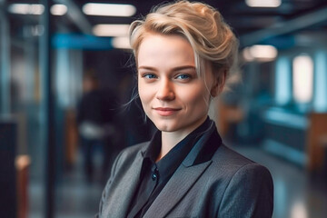 Portrait of smiling young blonde woman in shirt against the background of the office, front view.