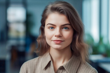 Fototapeta premium Portrait of smiling young woman in shirt against the background of the office, front view.