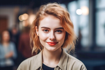 Obraz premium Portrait of smiling girl in shirt against the background of the office, front view.