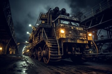 Underground coal mining equipment in heavy industry beneath a dark sky. Generative AI