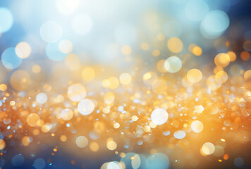 Abstract bokeh background with lights, reflections, glitter, and diamond dust in orange and azure, minimalist, dreamy, and light-filled
