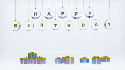 3d illustration, HAPPY BIRTHDAY  letters inside the greeting crystal ball and gift boxs on snow background.