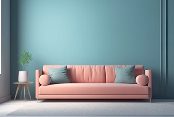 Pink sofa with pillows on a background of blue wall front view, concept of modern minimalist interior.
